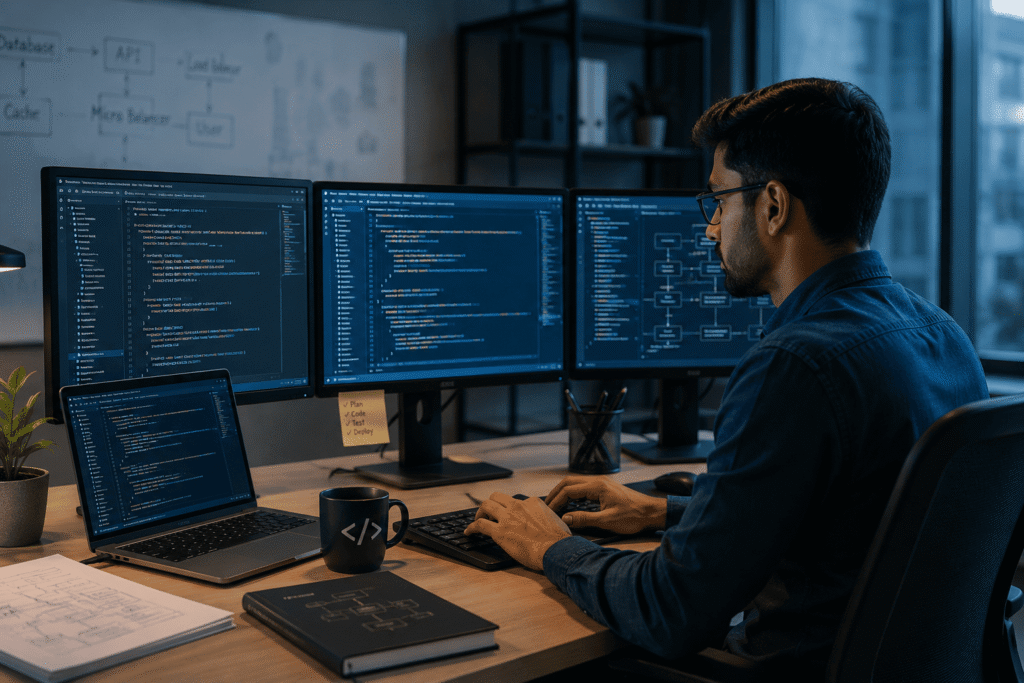 : Professional software engineer writing code on multiple monitors