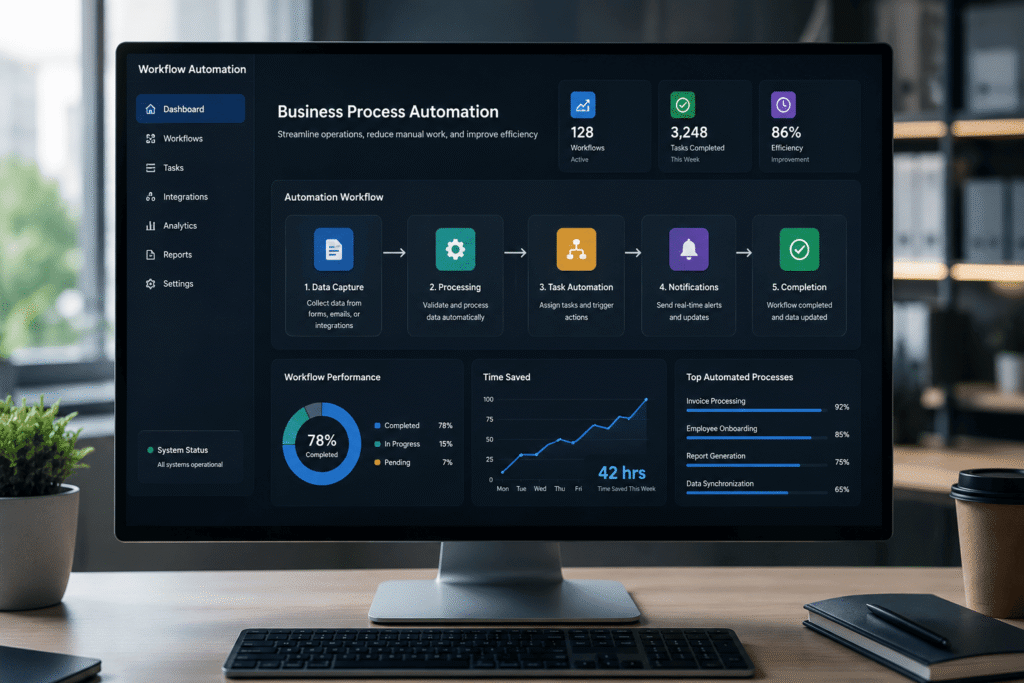 Business automation workflow displayed on a digital dashboard