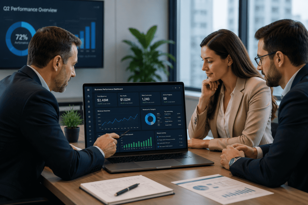 Business leaders reviewing an enterprise dashboard on a laptop