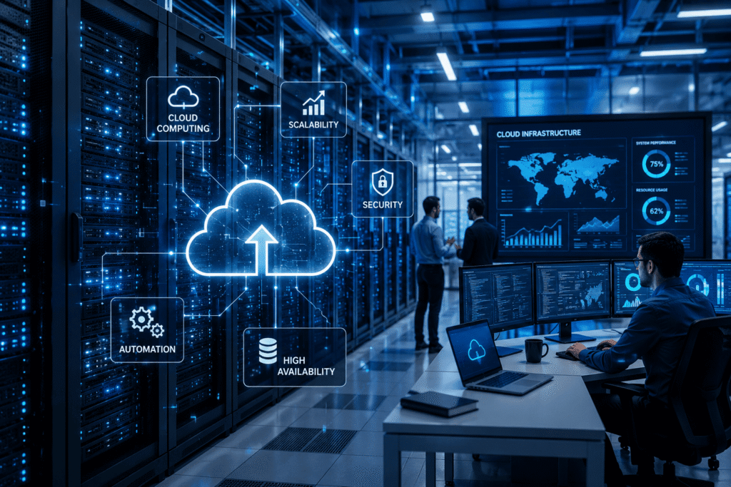 Cloud computing infrastructure and data servers in a modern facility