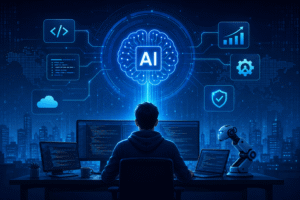Silhouette from behind of a software developer in a hoodie sitting at a desk with multiple displays showing lines of code. Glowing blue digital graphics feature a central AI brain chip network surrounded by icons for coding, cloud storage, security, and settings, with a robotic arm on the right and a city skyline in the background.